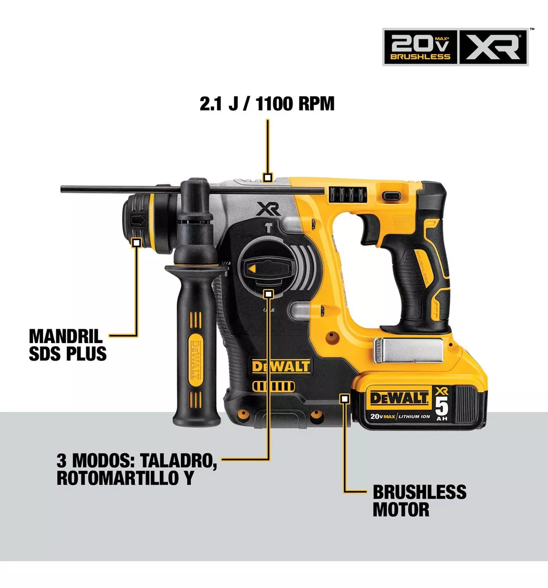 Taladro Rotomartillo 1'' 20v Max + 2bat 5ah Dewalt Dch273p2 Color Amarillo/Negro - Image 2